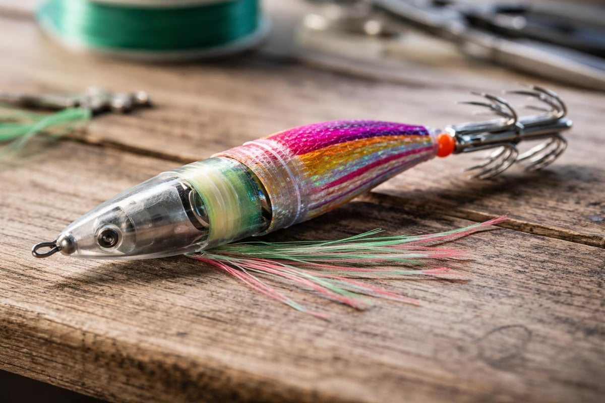 Squid jig anatomy showing weighted body, luminescent coating, and multi-row pin configuration