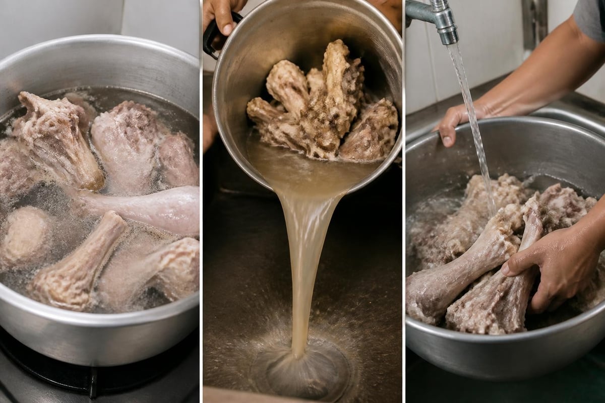 Proses membersihkan tulang untuk kaldu bakso