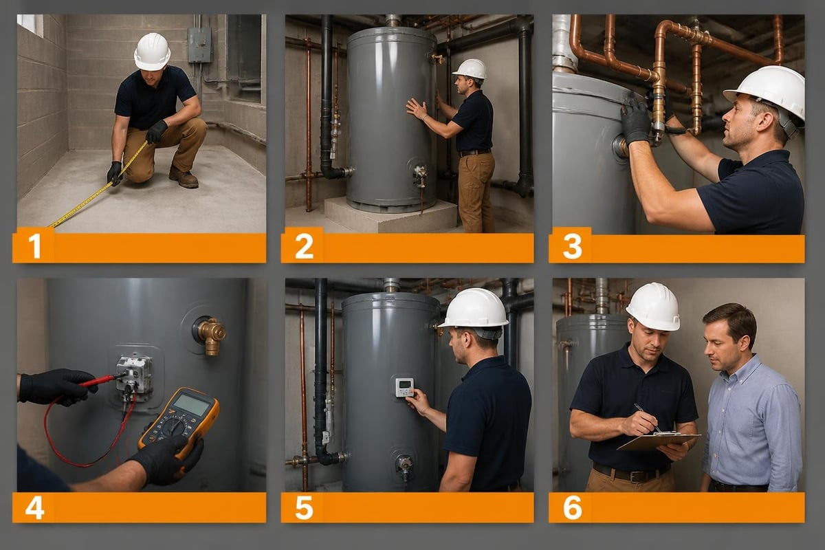 Commercial water heater installation stages