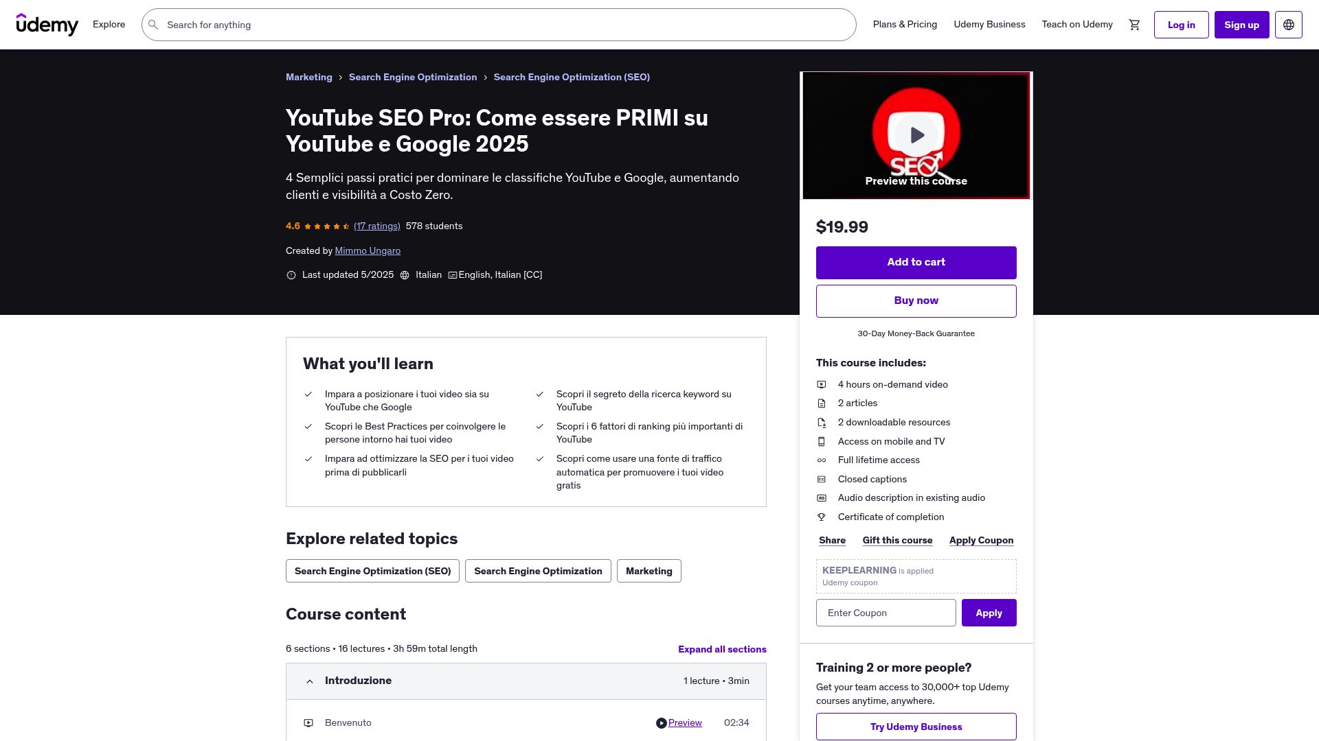 7 Migliori Corsi di SEO Online da Seguire nel 2025 - YouTube SEO Pro: Come essere PRIMI su YouTube e Google 2025 – Udemy