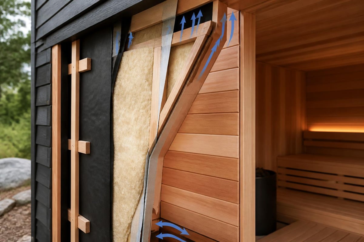 Outdoor sauna material layers