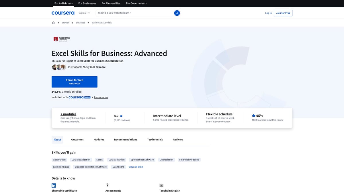 9 Essential Advanced Excel Courses Near Me for 2025 Success - Coursera: Excel Skills for Business – Advanced