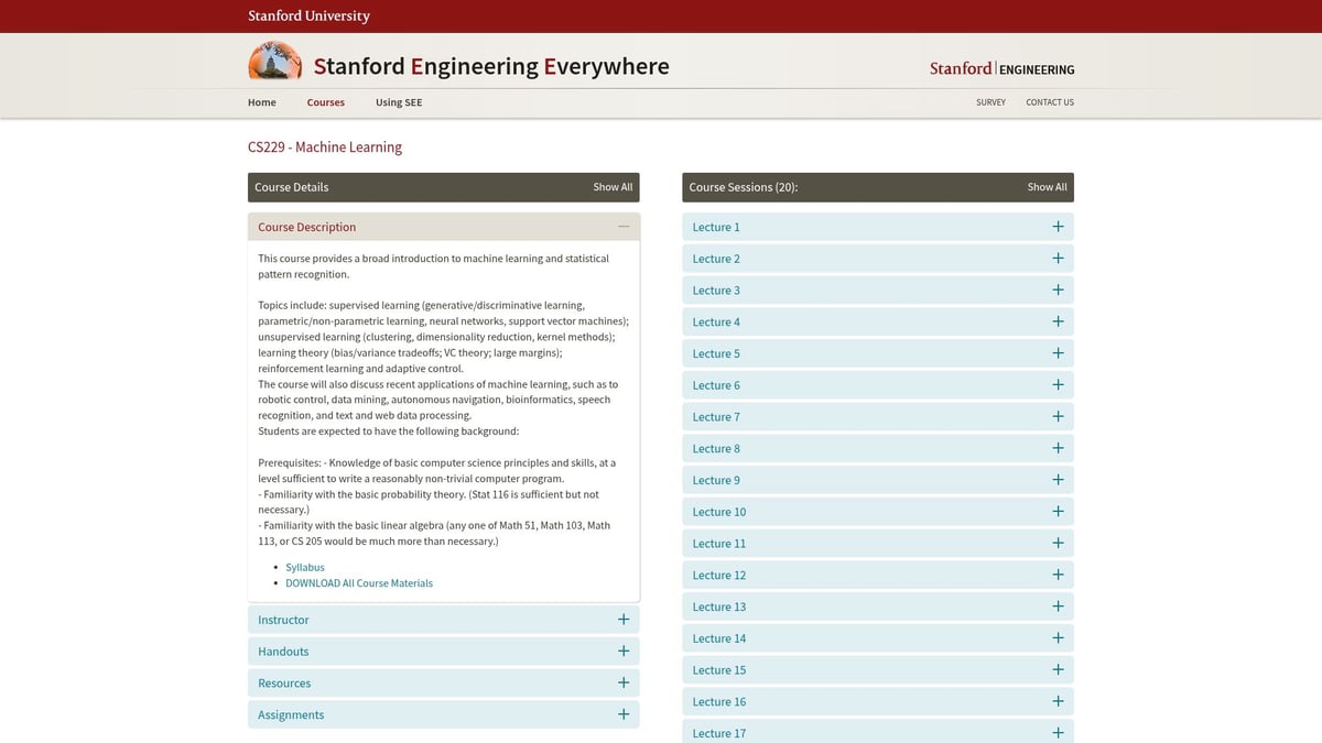 7 Essential Best AIML Course Picks for 2026 Success - Stanford University: CS229 - Machine Learning (Online)