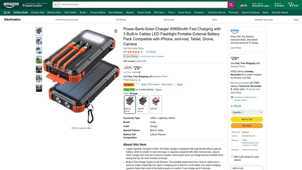 Top 7 Solar Phone Charger Picks for 2025 - Uukto Power-Bank-Solar-Charger 45,800mAh Fast Charging with 3 Built-in Cables