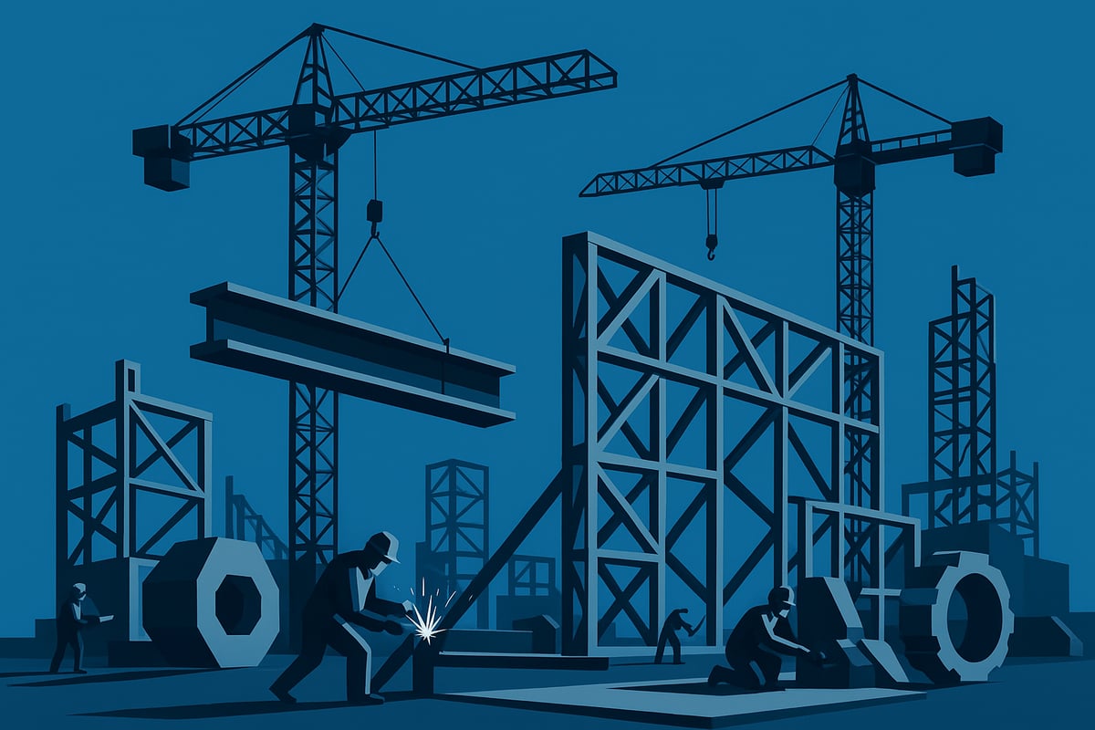 Construction site with workers welding and assembling metal components, cranes lifting steel beams, and geometric structures, illustrating large scale metal fabrication processes for construction projects.