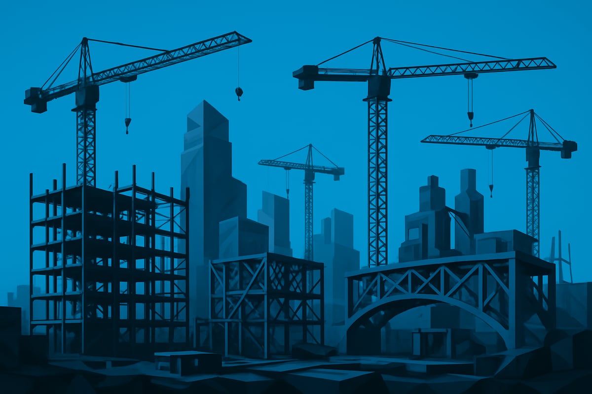 Low-poly style illustration of construction site with cranes and metal structures, representing large scale metal fabrication in modern construction projects.