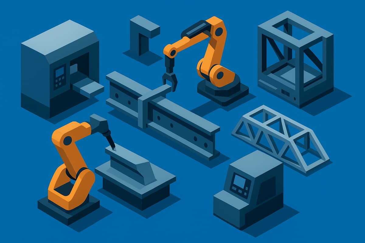 Low-poly illustration of robotic arms, metal components, and machinery, representing automation and robotics in large scale metal fabrication for construction projects.
