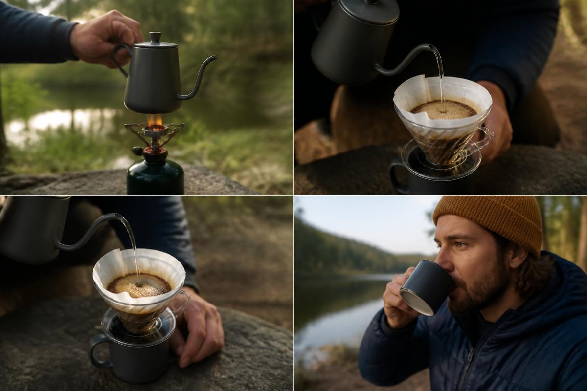 Camping coffee brewing ritual steps
