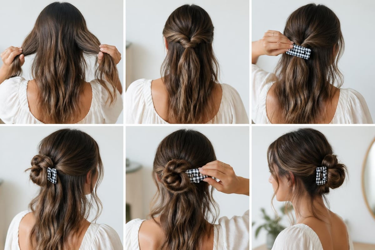 Gingham hair clip styling methods half-up updo salon techniques The Pixie Garden