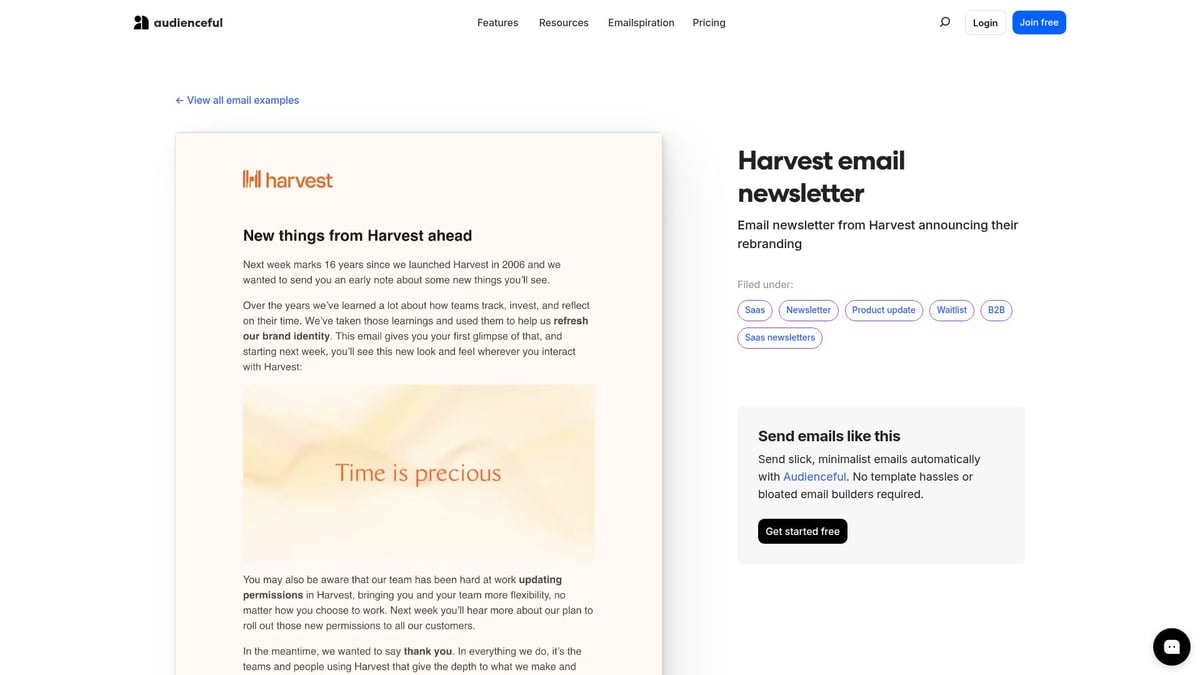 7 Inspiring SaaS Email Marketing Examples for 2026 Success - Harvest Rebrand Announcement