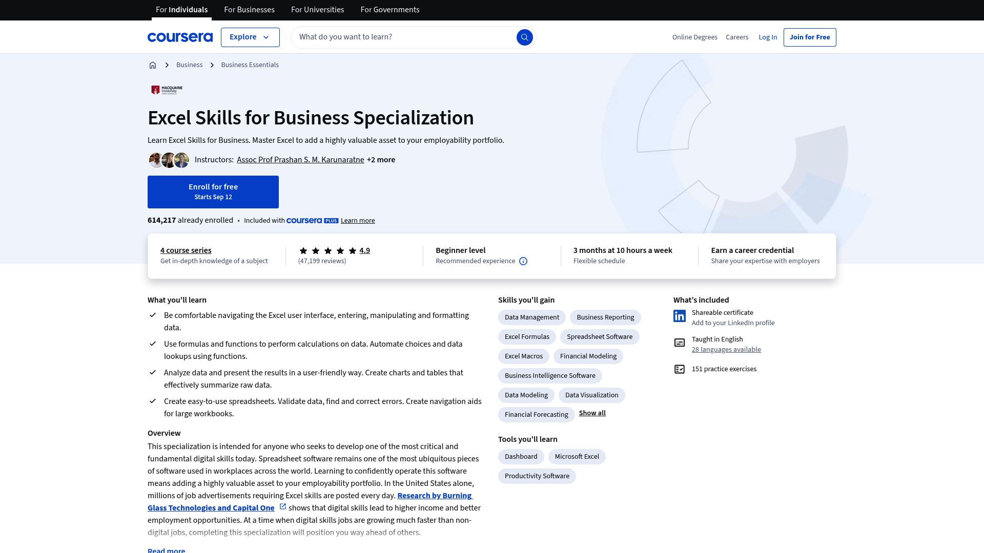 9 Best Excel Coaching Classes to Transform Your Skills in 2025 - Coursera – Excel Skills for Business Specialization (Macquarie University)