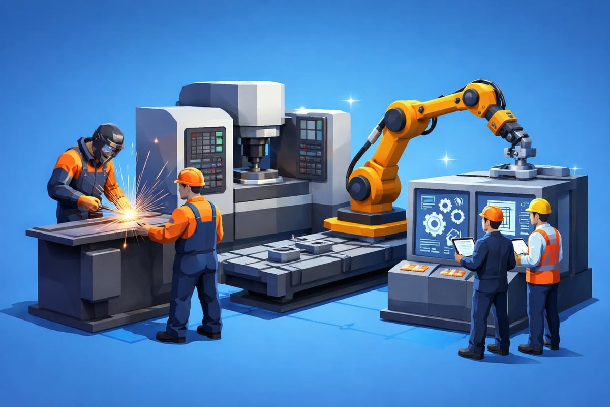 Industrial workers welding metal components and operating advanced machinery in a modern manufacturing environment, showcasing automation and skilled labor integration.
