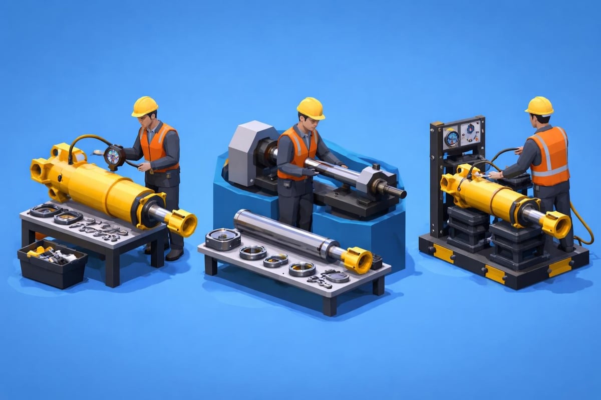 Workers in safety gear operating hydraulic components and precision machinery in a machining service setting, highlighting industrial fabrication and maintenance capabilities.