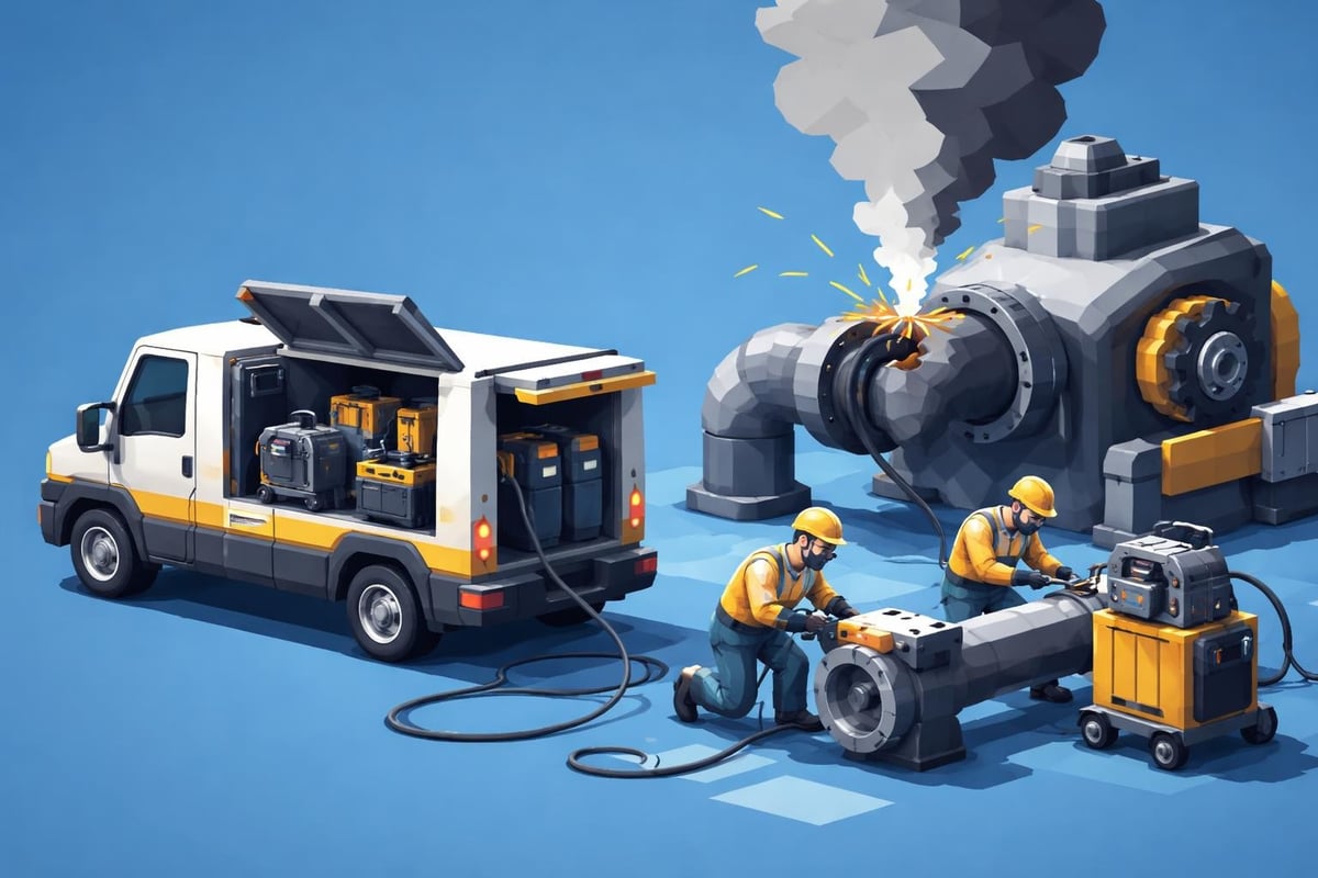 Workers performing maintenance on industrial piping system with service van and equipment, highlighting field services and onsite fabrication for manufacturing efficiency.