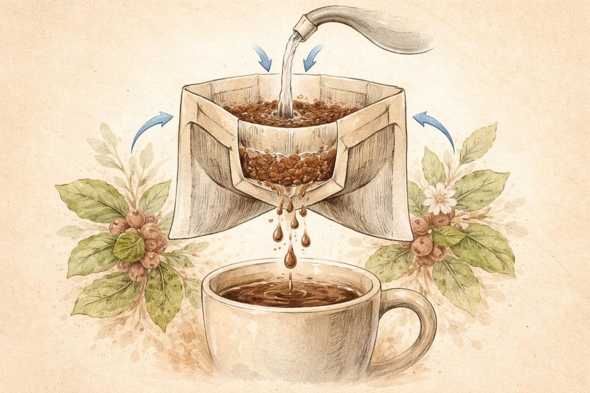 Single serve coffee bag brewing mechanics