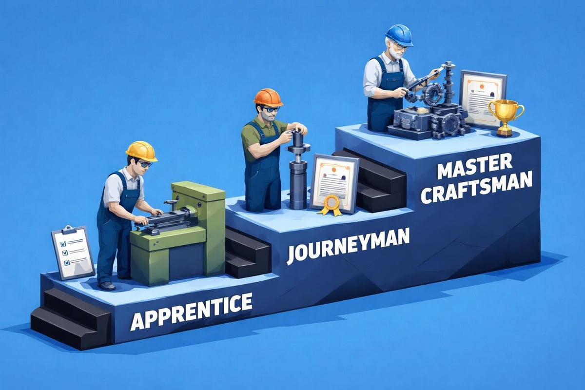 Illustration depicting the progression of machinists from Apprentice to Journeyman and Master Craftsman, featuring individuals operating machinery and awards symbolizing skill development and certification.