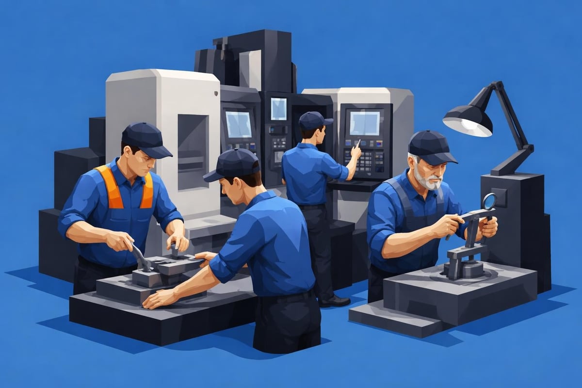 Illustration of machinists working collaboratively in a manufacturing environment, using precision tools and machinery for dimensional verification and assembly processes.