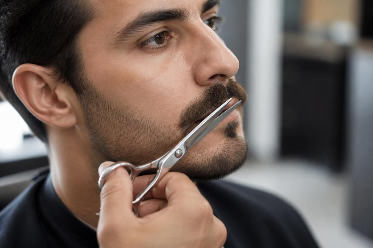 Mustache trimming technique showing proper scissor angle