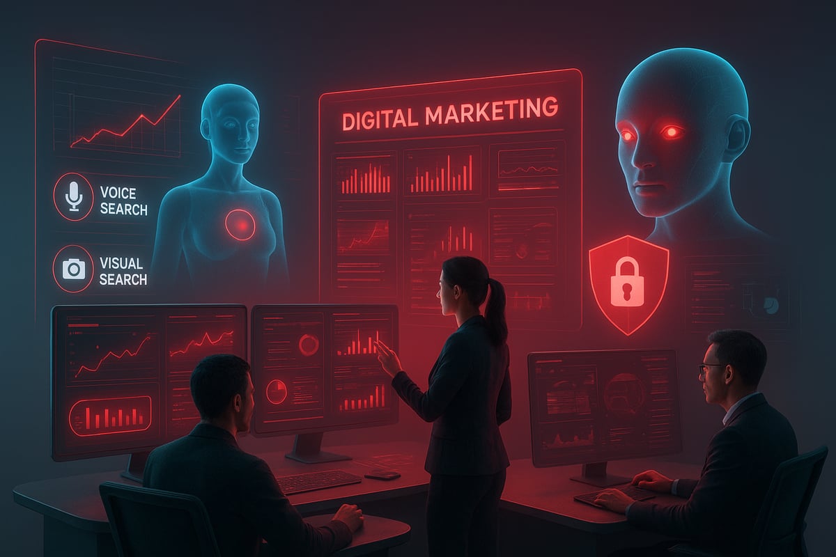 Digital marketing team analyzing data with AI assistance. Red and blue displays, futuristic setting.