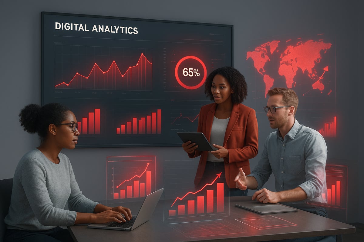 Three people in a modern office analyzing digital analytics, red graphs and world map.