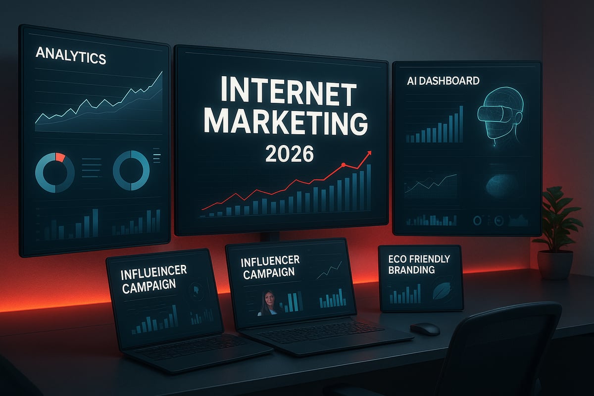 Monitors displaying internet marketing data and analytics. 
