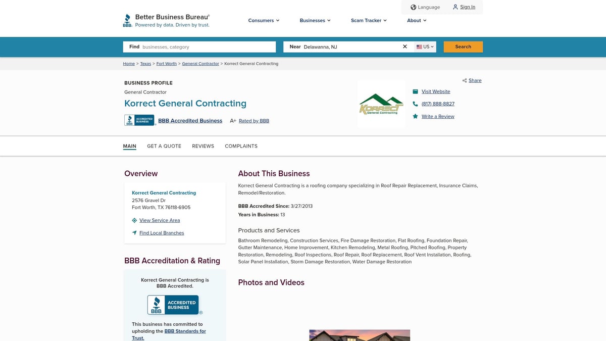 Korrect General Contracting business profile on Better Business Bureau, showcasing A+ rating, contact information, and service offerings for roofing and general contracting in Fort Worth, Texas.