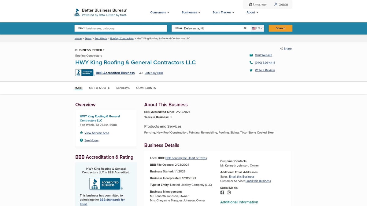 HWY King Roofing & General Contractors LLC business profile on Better Business Bureau website, showcasing A+ rating and services including roofing and general contracting in Fort Worth, Texas.
