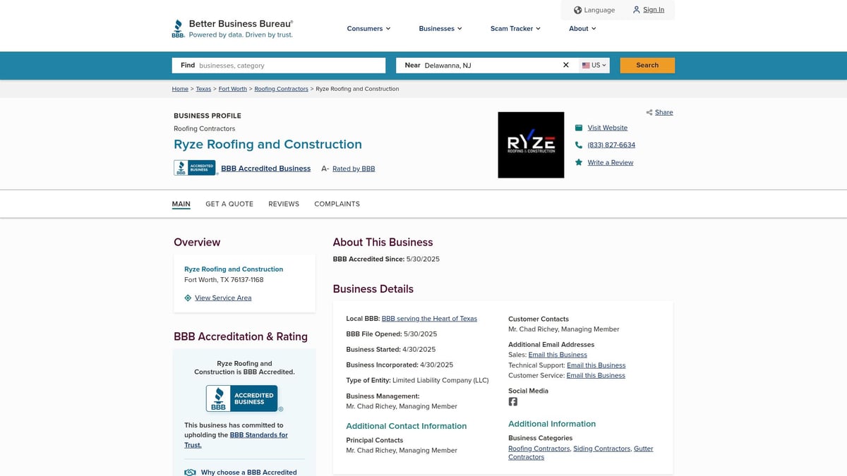 Ryze Roofing and Construction business profile on Better Business Bureau website, featuring company logo, contact information, and accreditation details, highlighting roofing services in Fort Worth, Texas.