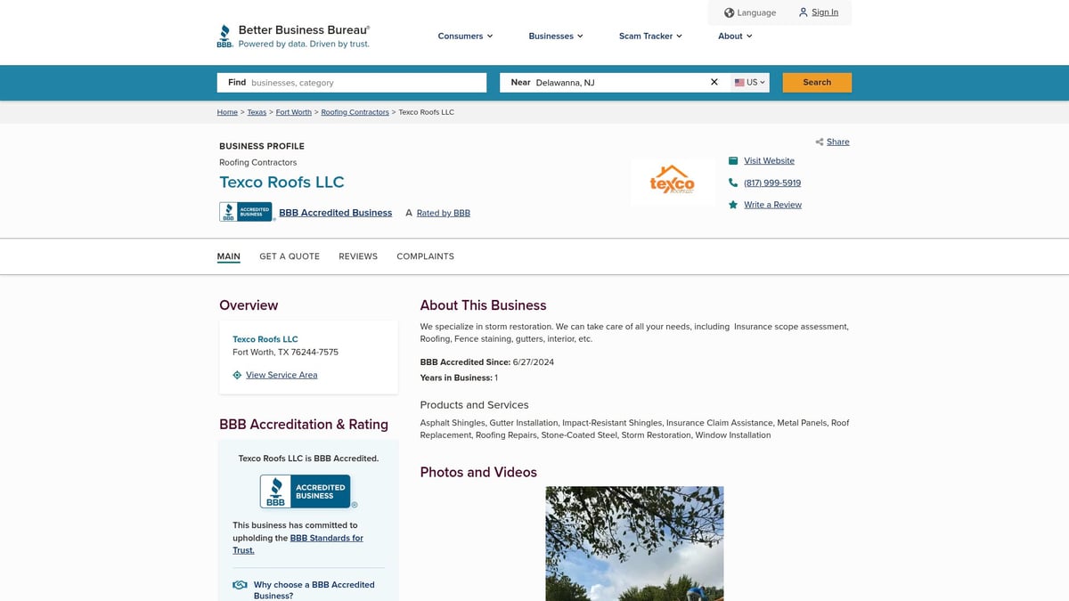 Texco Roofs LLC business profile on BBB, showcasing roofing services with an A rating, including storm restoration and various roofing materials.