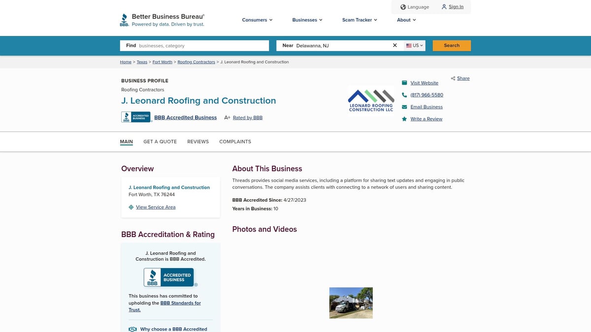 J. Leonard Roofing and Construction business profile on Better Business Bureau, featuring company name, A+ rating, and roofing services in Fort Worth, Texas.