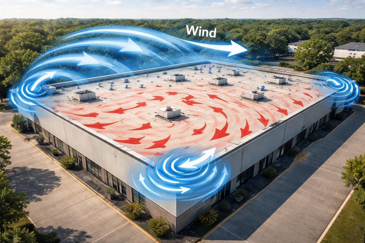 Wind pressure zones on commercial roofs
