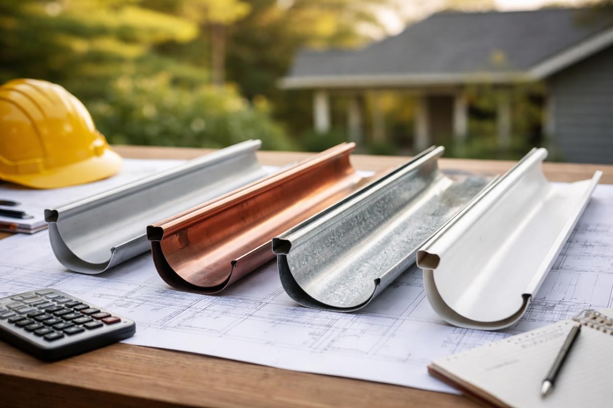 Various roof gutter materials including aluminum, copper, steel, and vinyl displayed on blueprints, with a calculator and hard hat nearby, highlighting options for residential and commercial guttering systems.