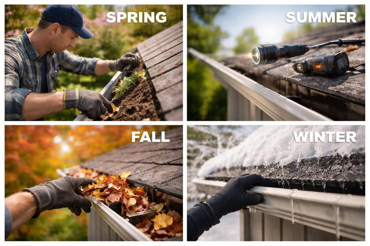 Man cleaning roof gutters in spring, removing debris, with seasonal maintenance tools in summer, clearing leaves in fall, and checking for ice in winter, emphasizing the importance of regular gutter maintenance for preventing water damage.