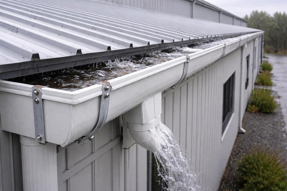 Roof guttering system with water flowing from a downspout, showcasing commercial-grade construction and drainage efficiency.