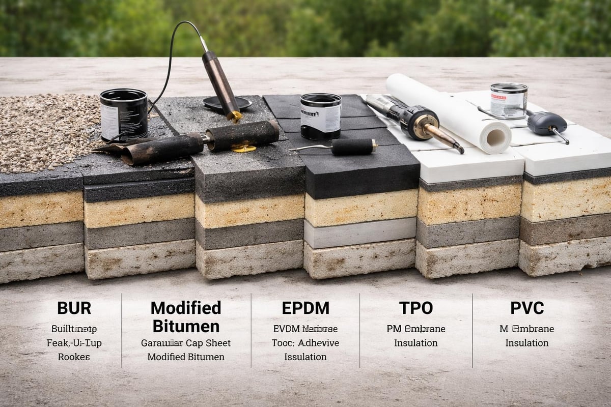 Layers of flat roofing materials including BUR, Modified Bitumen, EPDM, TPO, and PVC with associated tools and adhesives, illustrating various flat roof repair options for construction professionals.