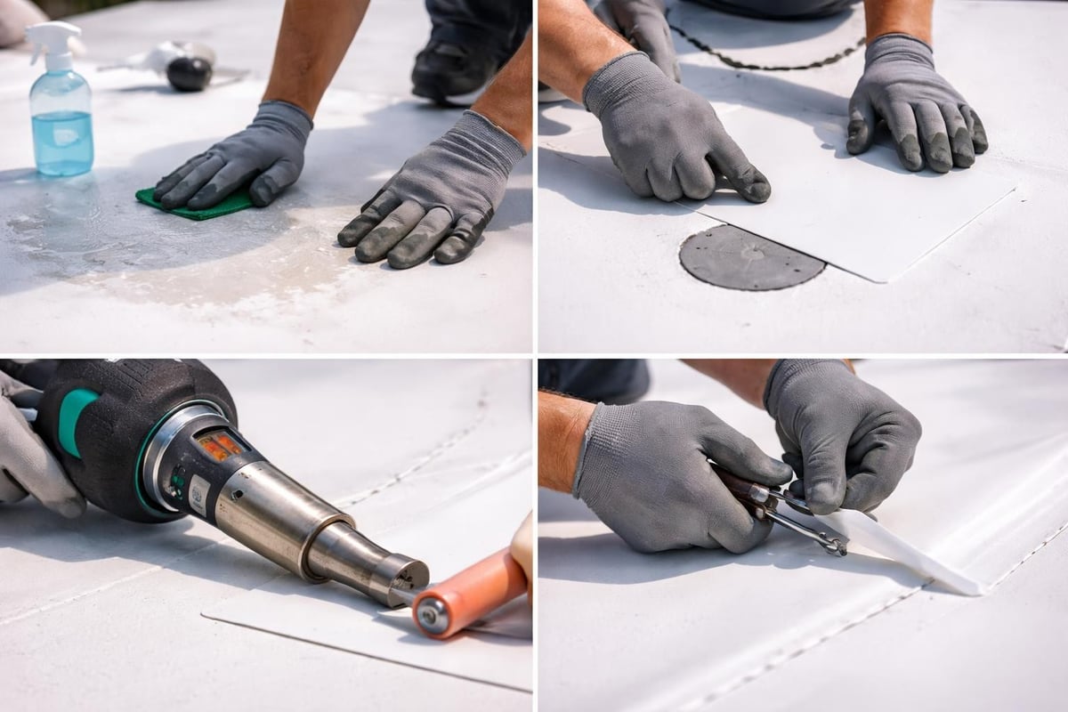 Hands applying PVC membrane repair techniques on a flat roof, using tools like a heat gun and adhesive, demonstrating the process of sealing and patching for waterproofing.
