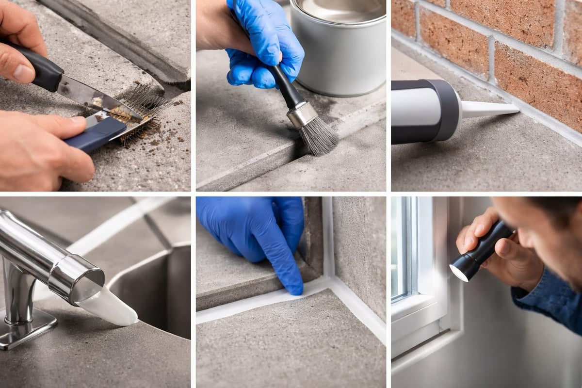Hands applying various sealants, including silicone and butyl tape, for flat roof repairs and maintenance, showcasing tools and techniques for effective sealing and patching.