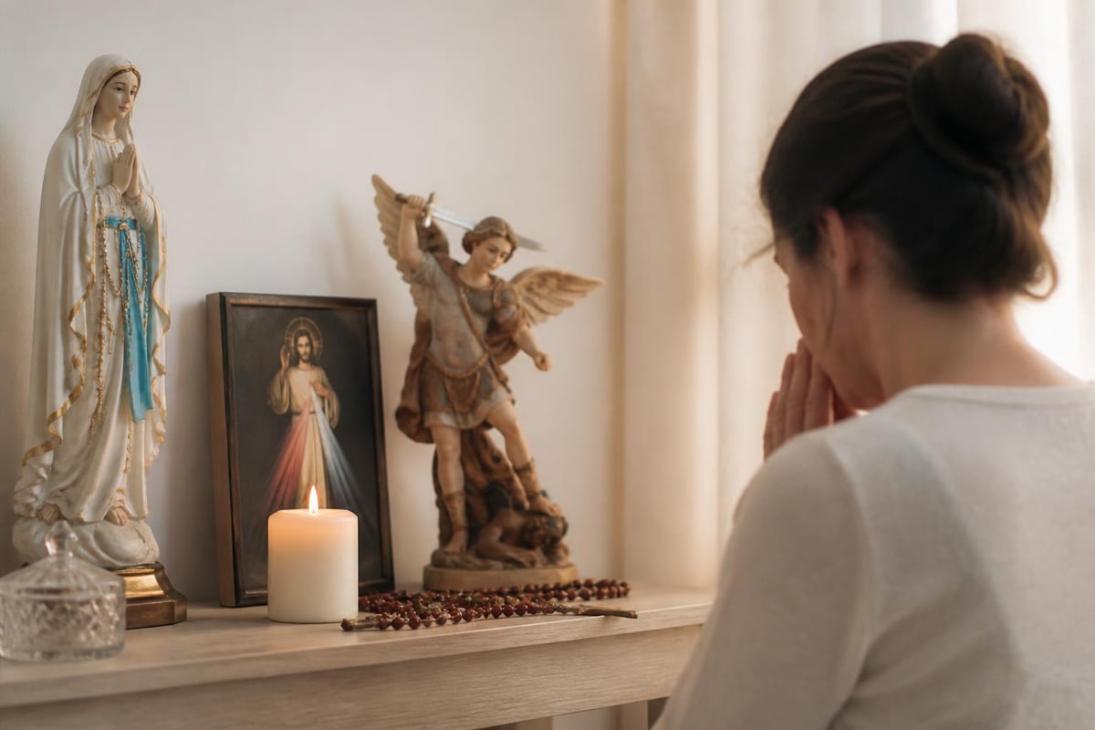 Home prayer corner with saint statues