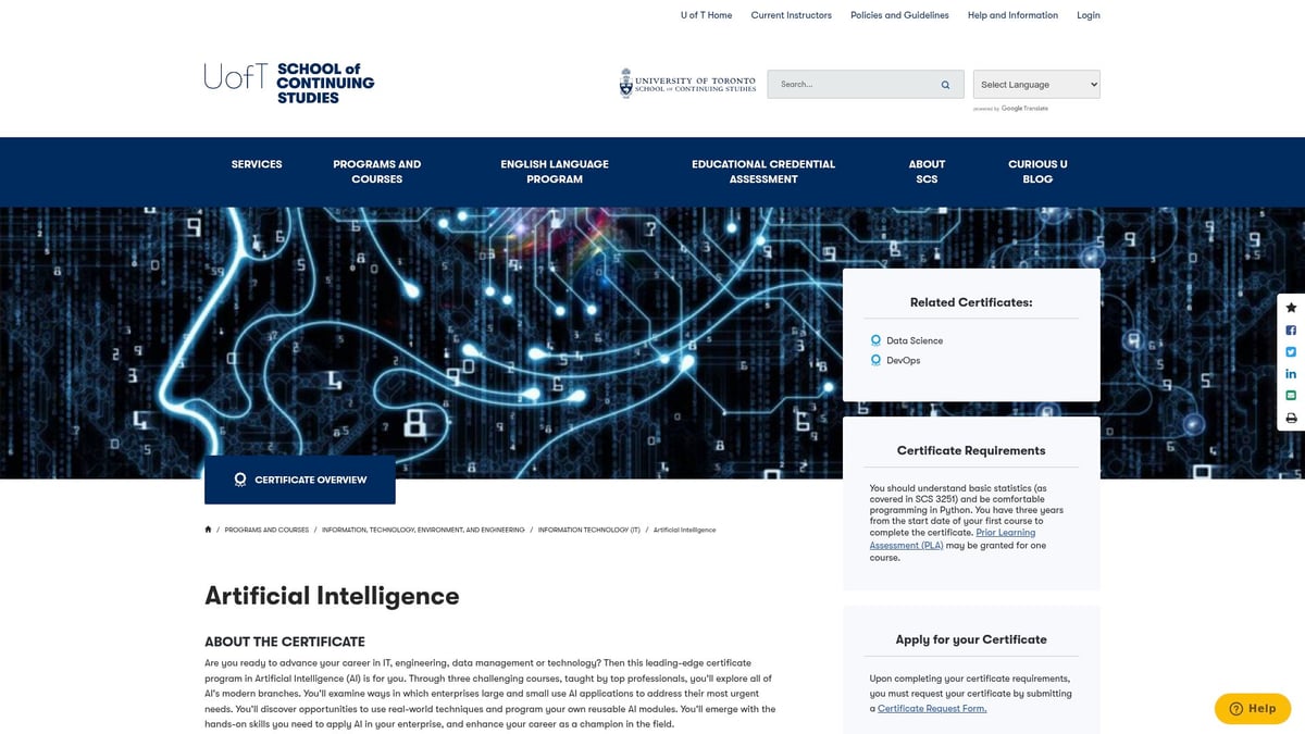 7 Essential AI Diploma Course Options for 2025 Success - University of Toronto School of Continuing Studies – Certificate in Artificial Intelligence