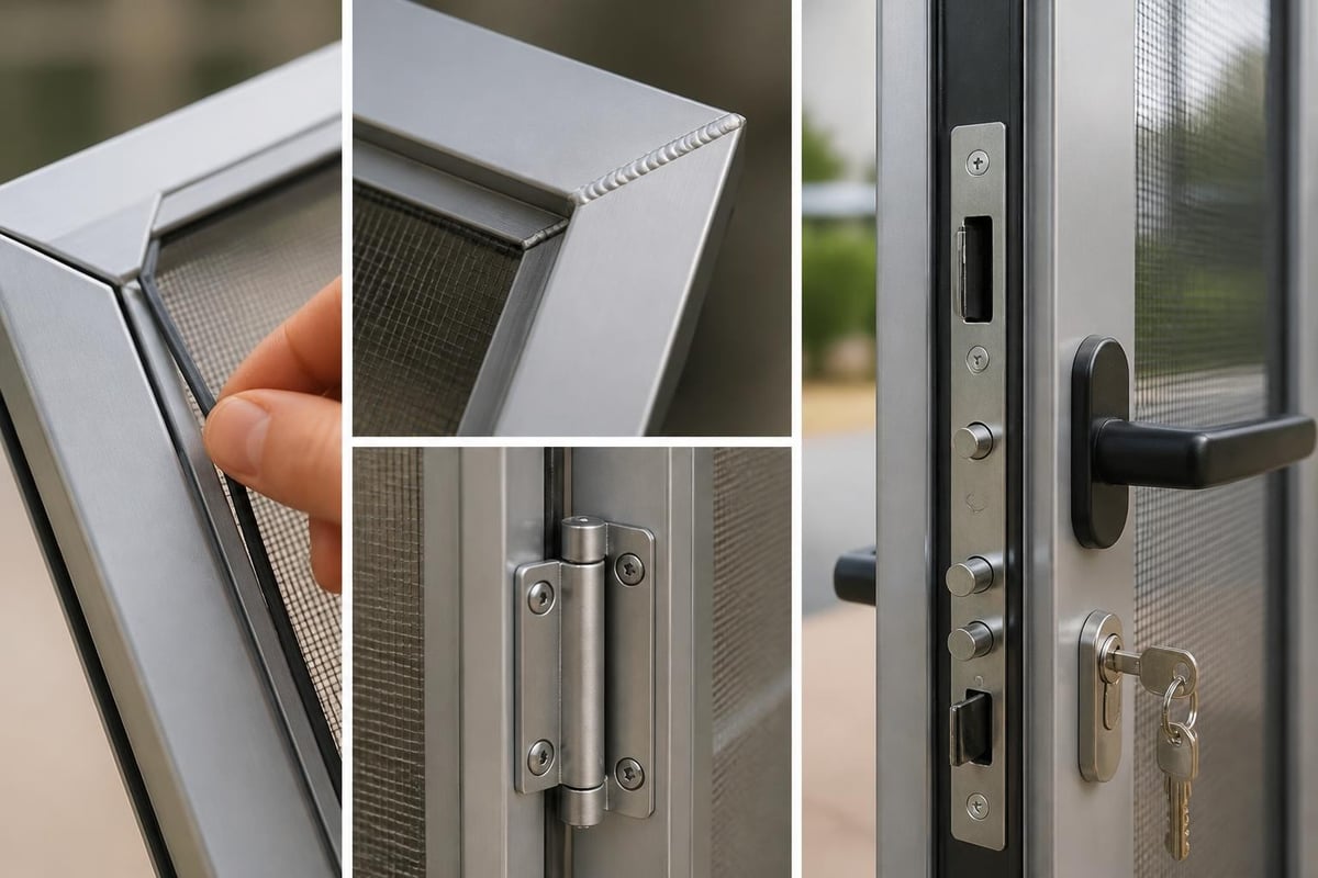 Mesh security screen door component assembly