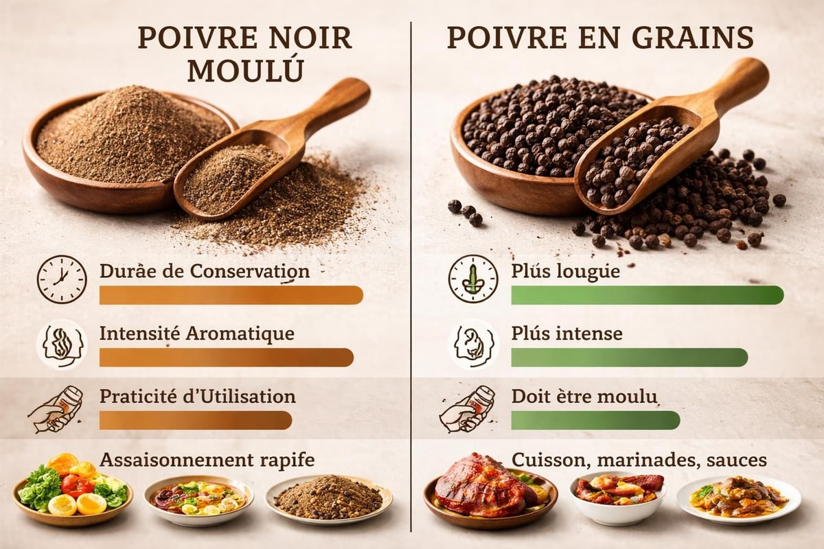 Comparaison poivre moulu et grains