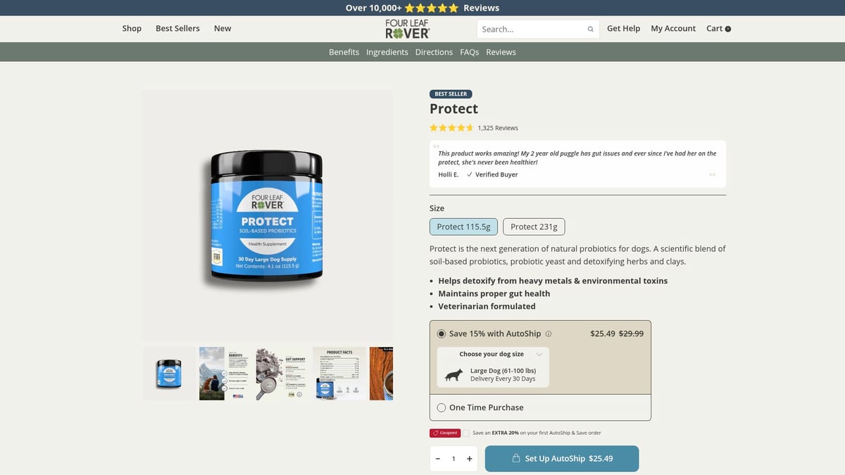 7 Top Rated Dog Supplements to Boost Your Pet’s Health 2025 - Four Leaf Rover Protect - Soil-Based Probiotic & Prebiotic