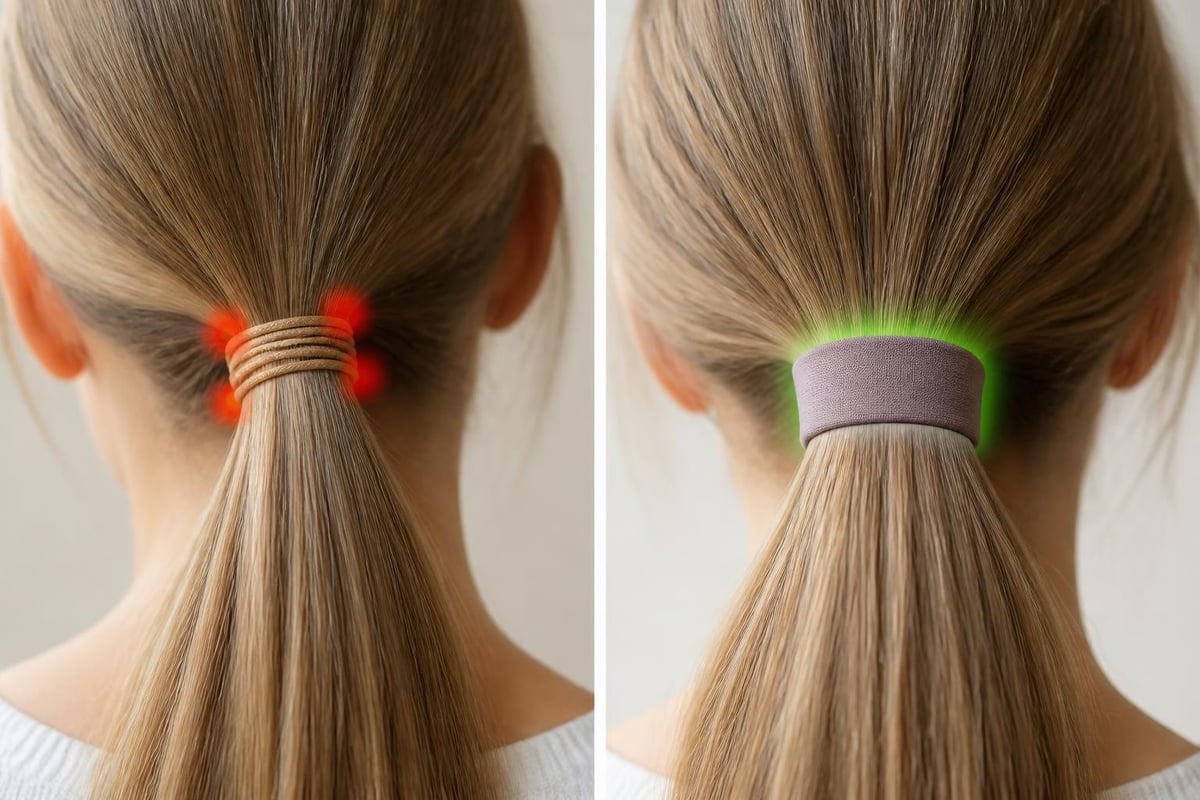 Hair tie bracelet construction reducing ponytail tension and preventing creases on fine hair