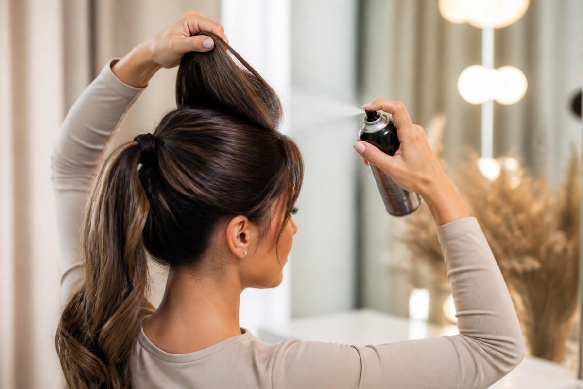 Ponytail styling sequence applying Hair Finishing Stick to flyaways before securing a bracelet elastic