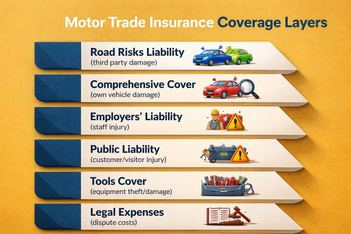 Motor trade insurance coverage components infographic