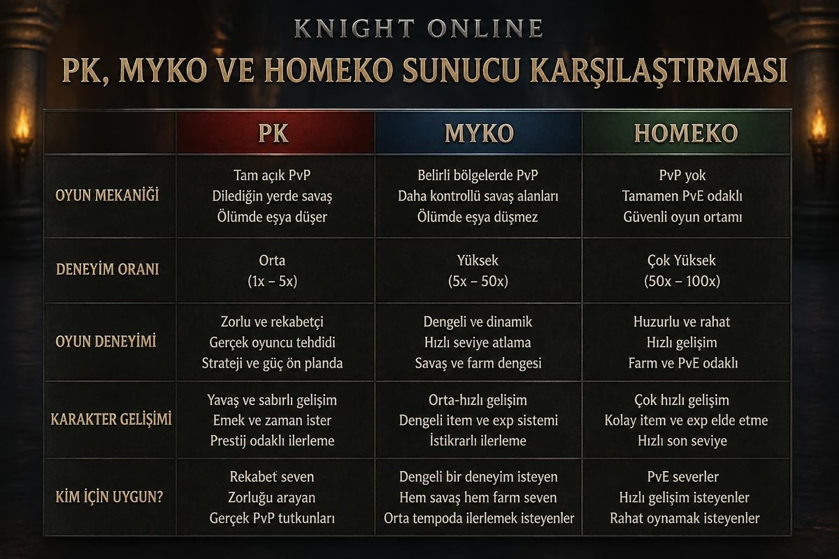 Knight Online sunucu türleri karşılaştırması