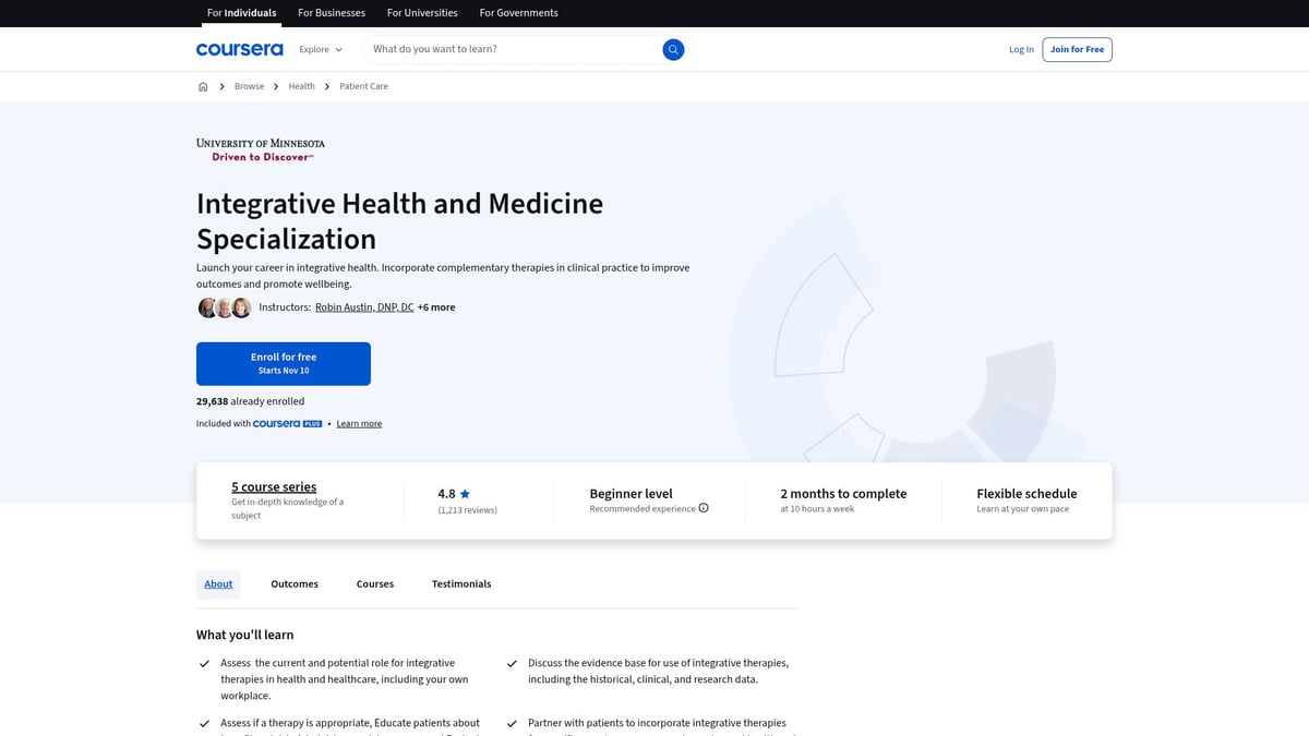 7 Best Online Courses for Holistic Healing in 2025 - Coursera: Integrative Health and Medicine Specialization (University of Minnesota)