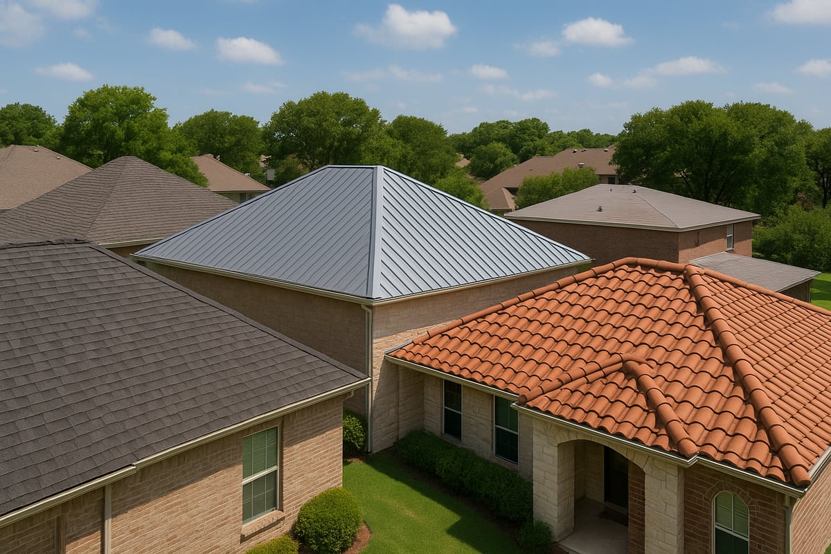 High-quality image of multiple residential roofs in Fort Worth, featuring a metal roof, asphalt shingles, and clay tiles, showcasing diverse roofing materials suitable for local climate and design preferences.