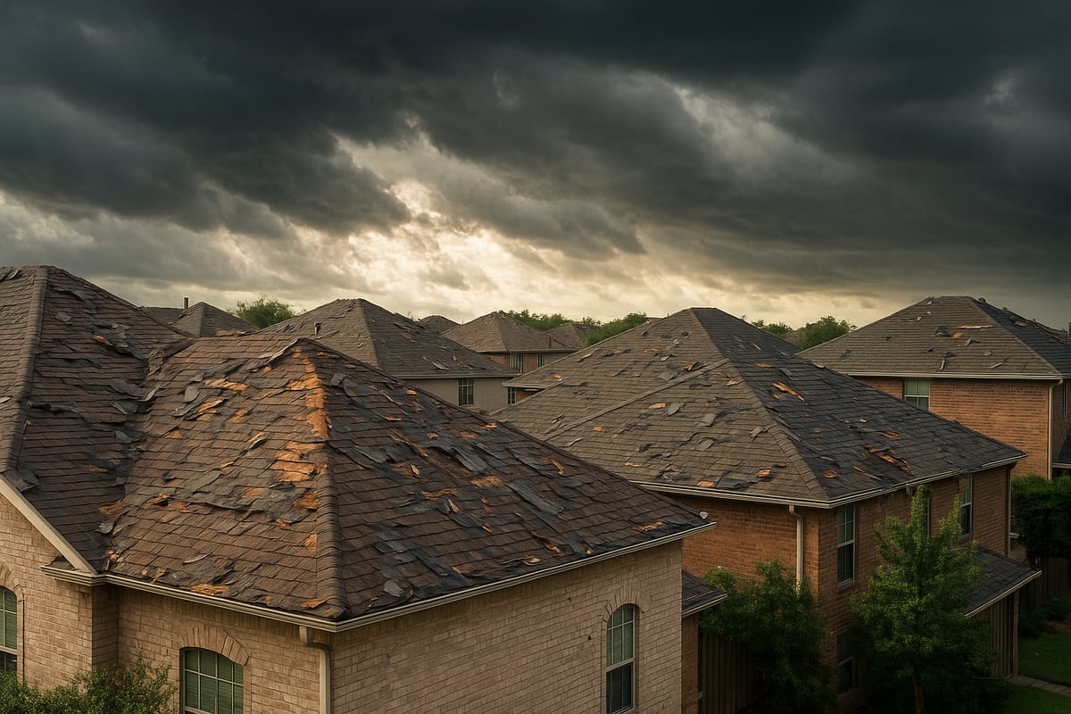 Damaged roofs with missing shingles and visible wear, under a cloudy sky, reflecting the need for roof replacement in Fort Worth.
