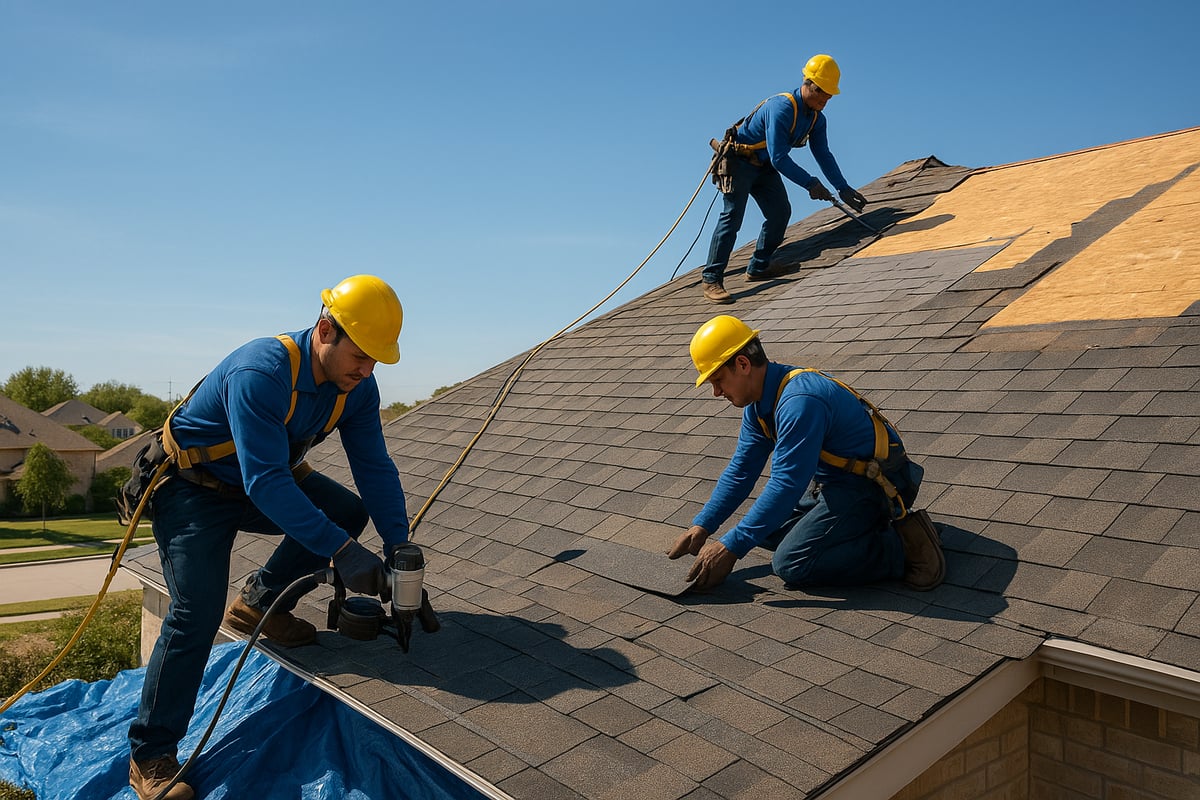 Roofing contractors installing shingles on a residential roof, demonstrating the roof replacement process in Fort Worth, Texas.